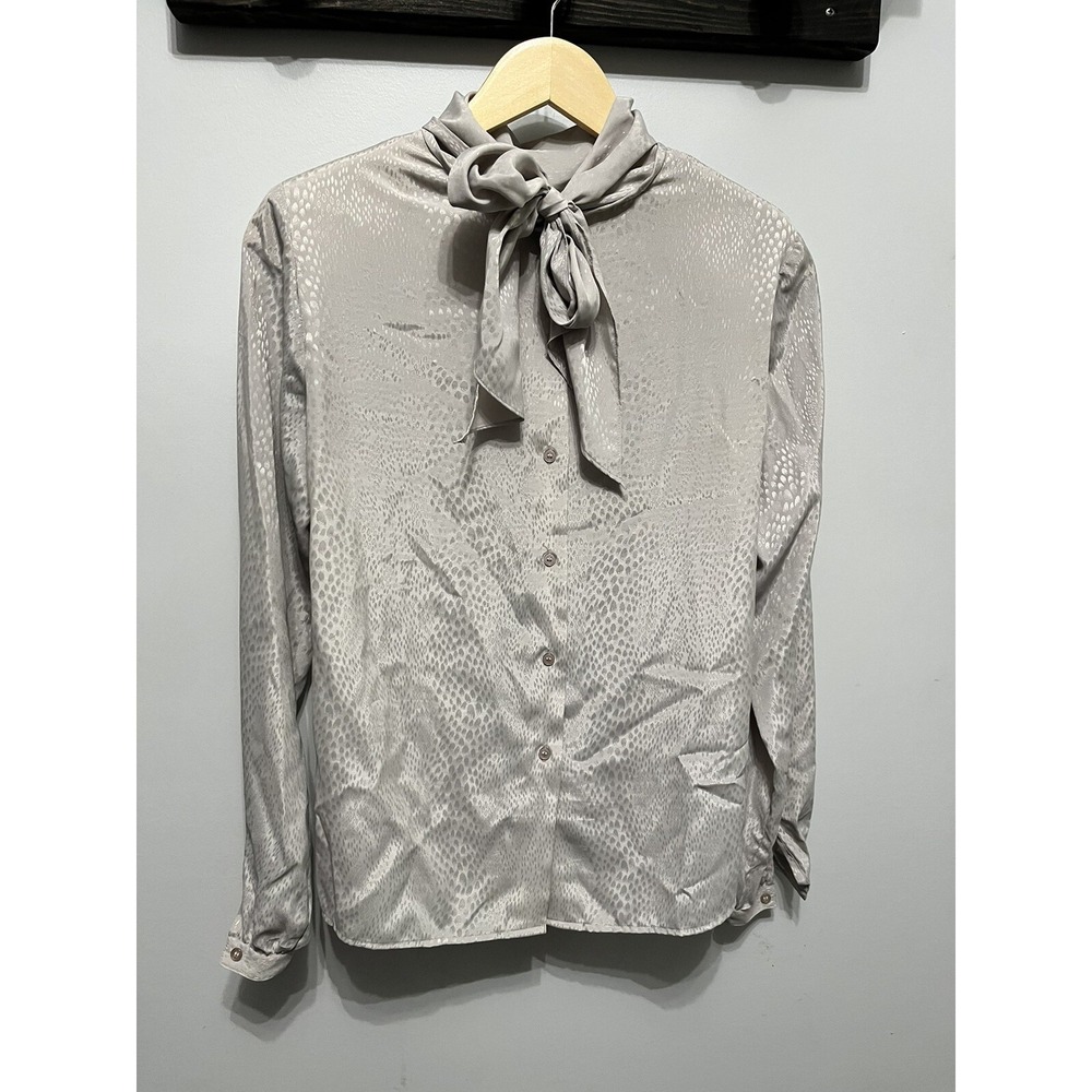 Vintage Bow Metallic Blouse‎ Button Front Medium Grey Silver Shoulder Pads 116